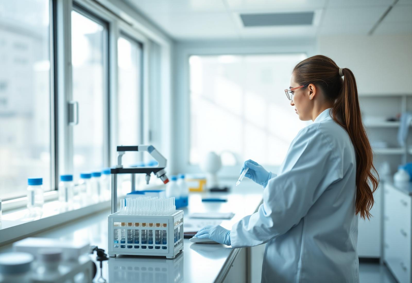 Clinical laboratory technician working at a modern lab bench